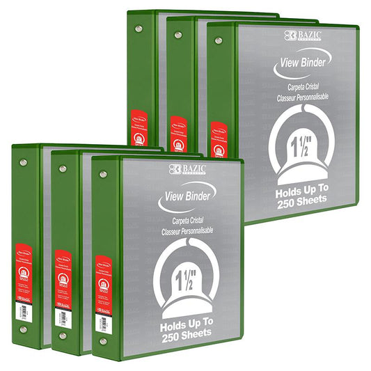 3-Ring View Binder with 2 Pockets, 1.5", Green, Pack of 6