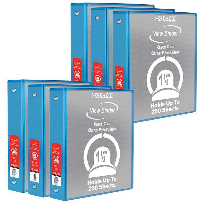 3-Ring View Binder with 2 Pockets, 1.5", Cyan, Pack of 6