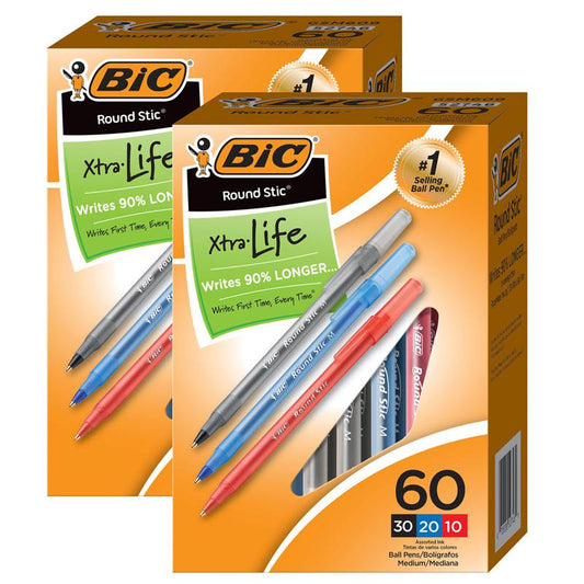 Round Stic Xtra Life Ballpoint Pen, Medium Point, 60 Per Box, 2 Boxes