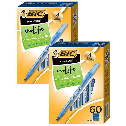 Round Stic Xtra Life Ball Pen, Blue, 60 Per Pack, 2 Packs