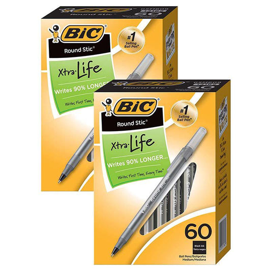 Round Stic Xtra Life Ball Pen, Black, 60 Per Pack, 2 Packs