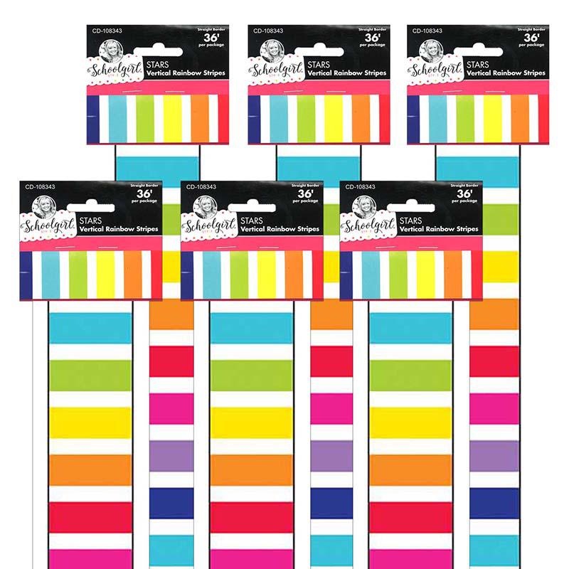 Stars Vertical Rainbow Stripes Straight Border, 36 Feet Per Pack, 6 Packs