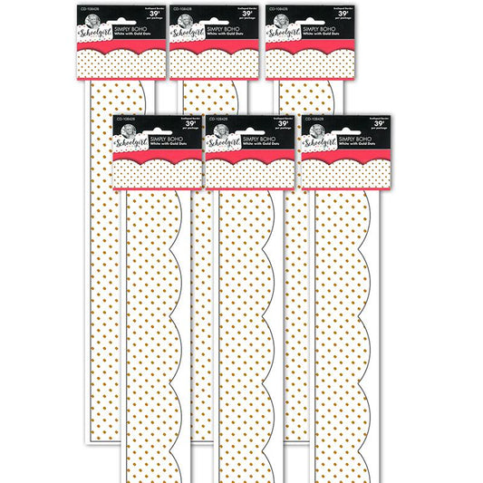 Simply Boho White with Gold Dots Scalloped Borders, 39 Feet Per Pack, 6 Packs