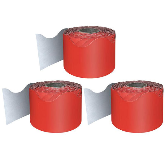 Red Rolled Scalloped Border, 65 Feet Per Roll, Pack of 3