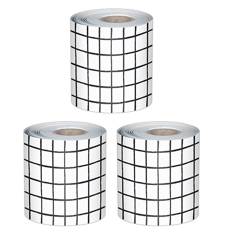 Happily Ever Black & White Grid Straight Borders, 65 Ft Per Roll, Pack of 3