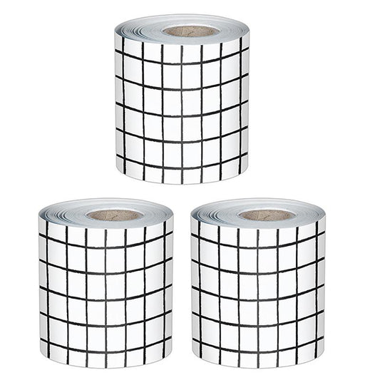 Happily Ever Black & White Grid Straight Borders, 65 Ft Per Roll, Pack of 3