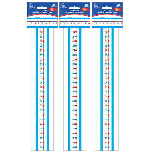 '-20 to 20 Student Number Lines Manipulative, Grade K-3, 30 Per Pack, 3 Packs