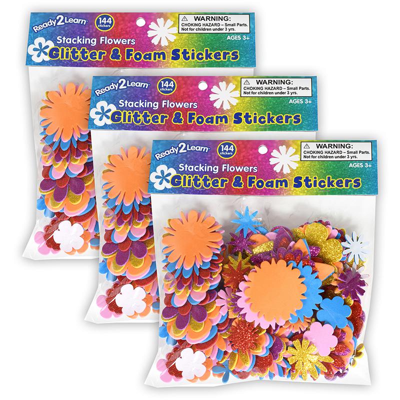 Glitter and Foam Stickers - Stacking Flowers - 144 Per Pack - 3 Packs