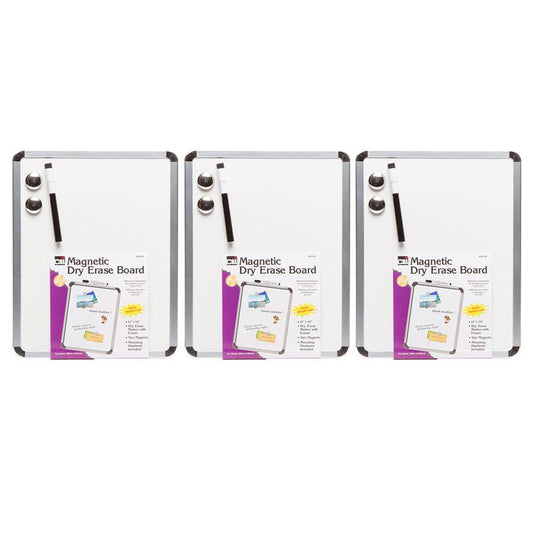 Framed Magnetic Dry Erase Board with Marker & Magnets, Silver Frame, Pack of 3