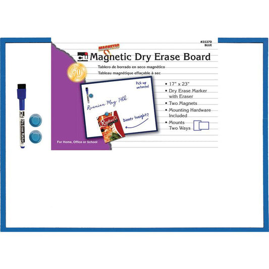 Magnetic Dry Erase Board, Eraser/Marker and 2 Magnets, Blue Frame, 1 Each