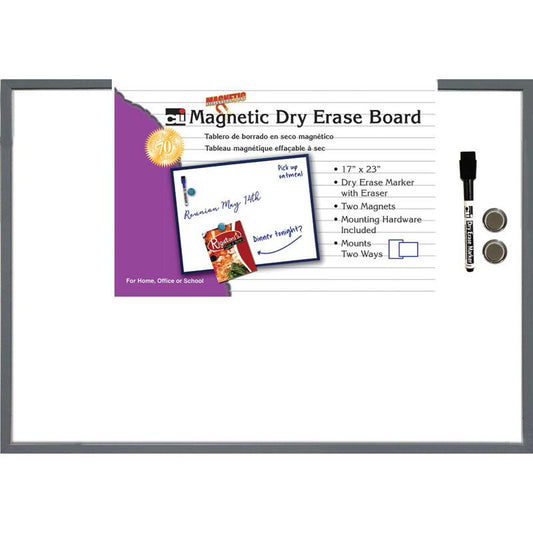 Magnetic Dry Erase Board, Eraser/Marker and 2 Magnets, Gray Frame, 1 Each