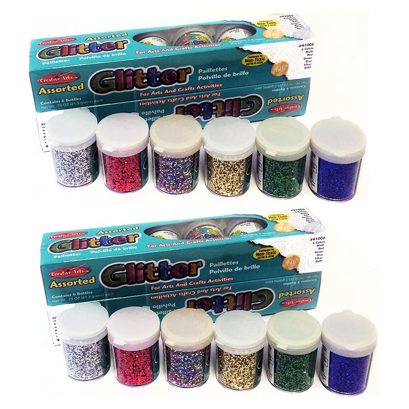 Creative Arts Glitter, Assorted Colors, .75 oz. Shakers, 12 Per Pack, 2 Packs