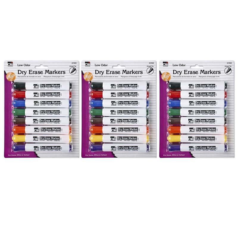 Dry Erase Markers, Barrel Style, Low Odor, Chisel Tip, 8 Per Pack, 3 Packs