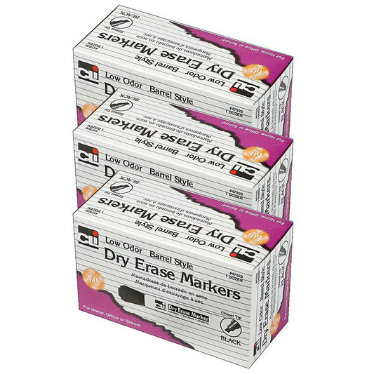 Dry Erase Markers, Barrel Style, Chisel Tip, Black, 12 Per Pack, 3 Packs