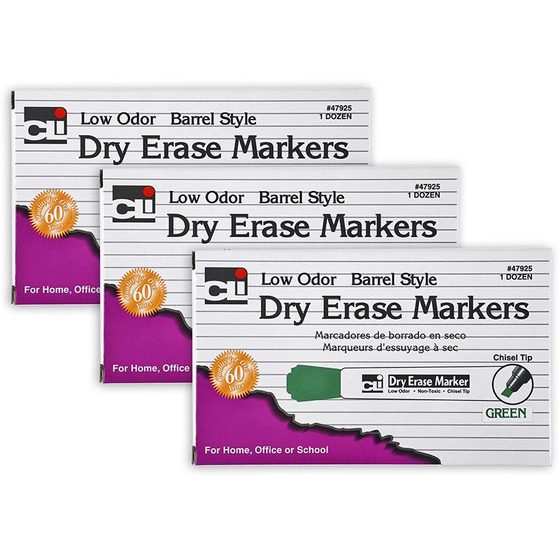 Dry Erase Markers, Barrel Style, Chisel Tip, Green, 12 Per Box, 3 Boxes