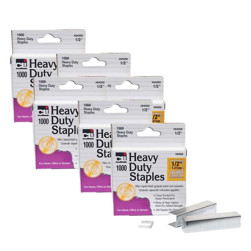 Heavy Duty Staples, Carbon Steel, Silver, 1000 Per Pack, 6 Packs