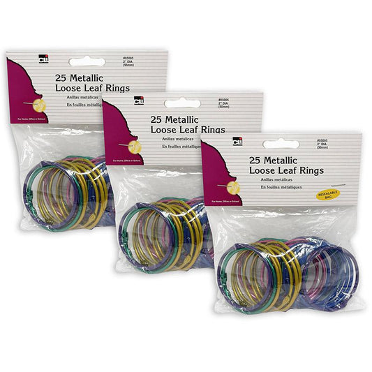 Loose Leaf Rings, 2" Diameter, Metallic Assorted Colors, 25 Per Pack, 3 Packs