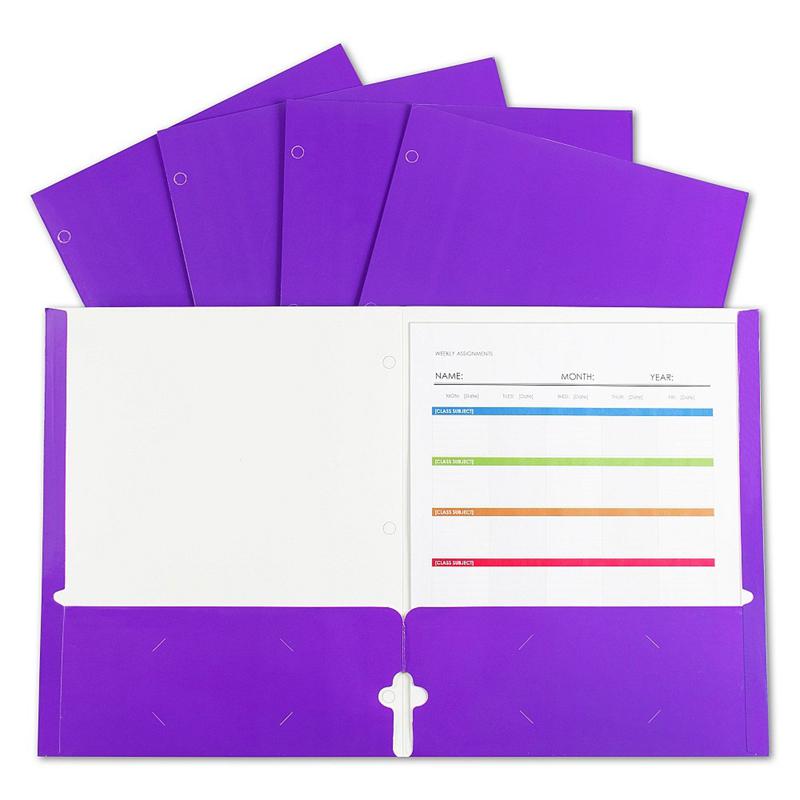 2-Pocket Laminated Paper Portfolios with 3-Hole Punch, Purple, Box of 25