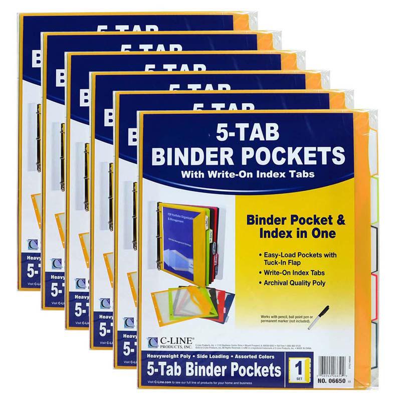 Super Poly Binder Pockets with Write-On Index Tabs, 5 Per Set, 6 Sets