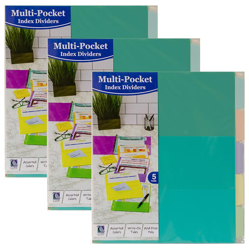 5-Tab Index Dividers with Multi-Pockets, Bright Color Assortment, 3 Sets