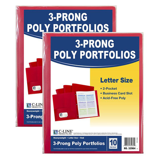 Two-Pocket Poly Portfolio Folder with Prongs, Red, 10 Per Pack, 2 Packs