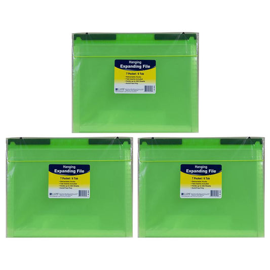 Expanding File Folder, 7-Pocket, Hanging Tabs, Bright Green, Pack of 3