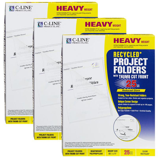 Recycled Poly Project Folders, Clear, Reduced Glare, 25 Per Box, 3 Boxes