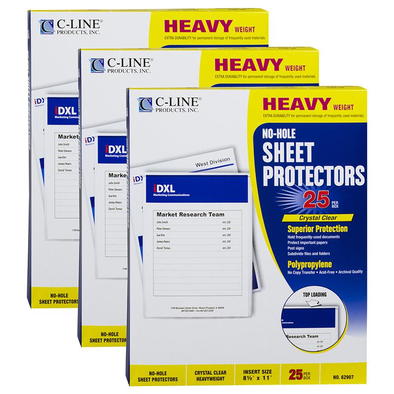 No-Hole Poly Sheet Protectors, Clear, Top Loading, 25 Per Box, 3 Boxes