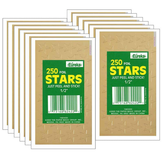 Presto-Stick Foil Star Stickers, 1/2", Gold, 250 Per Pack, 12 Packs