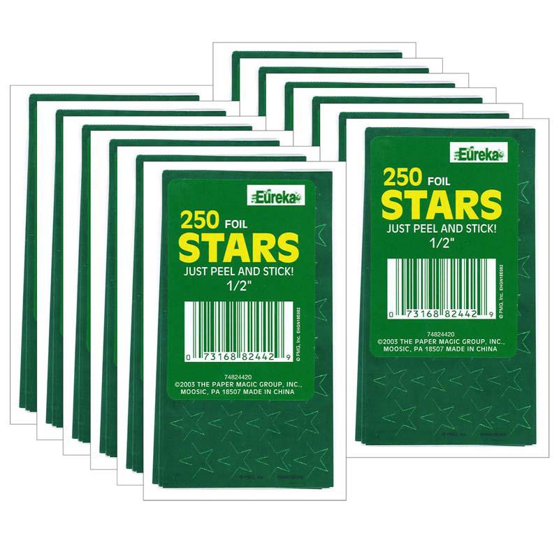 Presto-Stick Foil Star Stickers, 1/2", Green, 250 Per Pack, 12 Packs