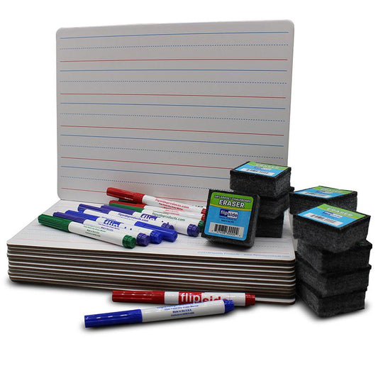 Magnetic Two-Sided Dry Erase Boards, Red & Blue Ruled/Plain, Class Pack of 12