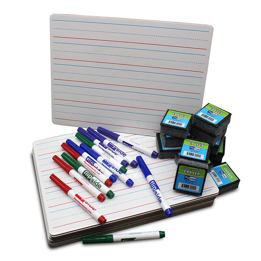 Two-Sided Dry Erase Boards, Red & Blue Ruled/Plain, Class Pack 12