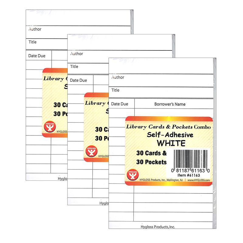 Library Cards & Self-Adhesive Pockets, 30 Each/60 Pieces Per Pack, 3 Packs