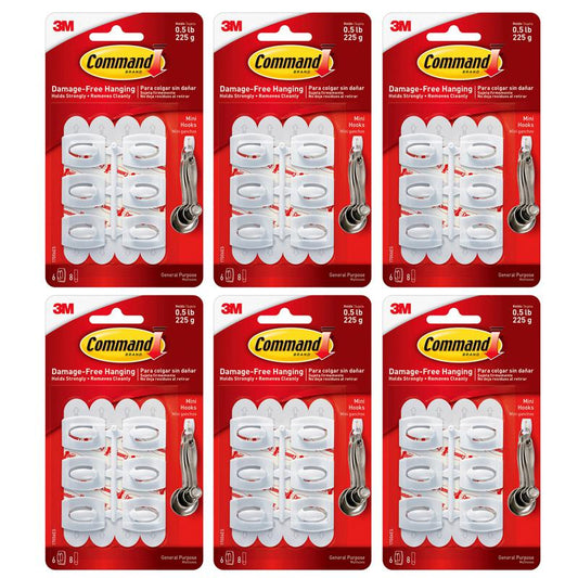 Command Mini Hooks, White, 6 Per Pack, 6 Packs