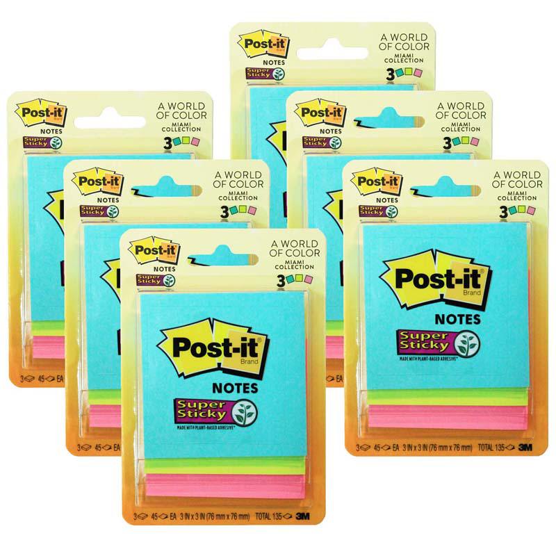 Super Sticky Notes, 3" x 3", Miami Collection, 3 Pads/Pack, 6 Packs