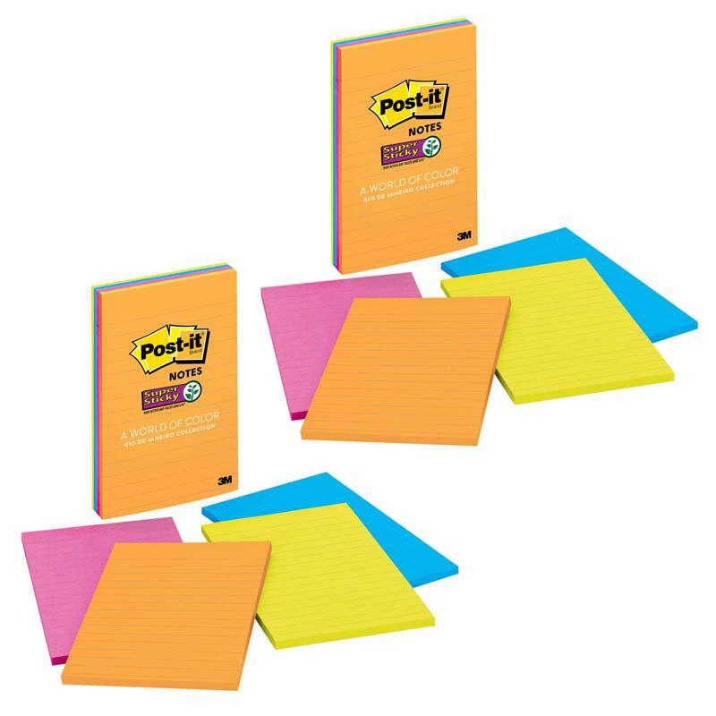 Super Sticky Notes, Rio de Janeiro Collection, Lined, 4 Pads/Pack, 2 Packs