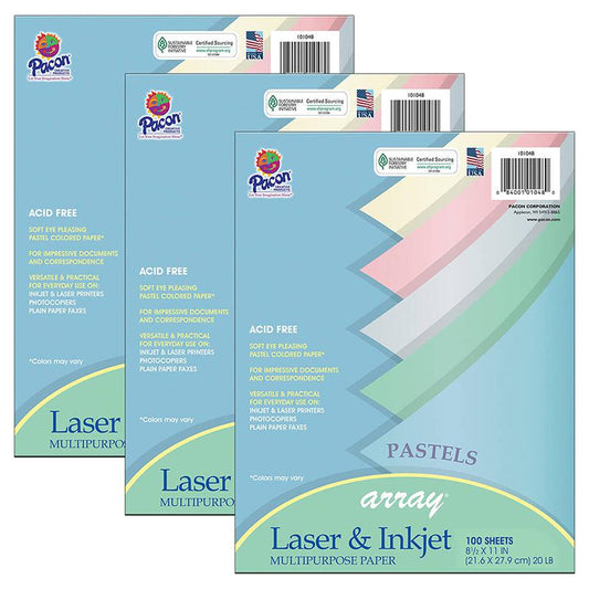 Pastel Multipurpose Paper Array, 8-1/2" x 11", 100 Sheets Per Pack, 3 Packs