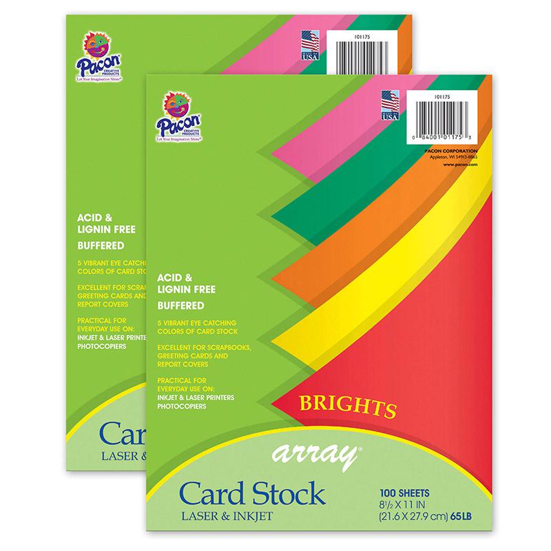 Bright Card Stock, 5 Assorted Colors, 8-1/2" x 11", 100 Sheets Per Pack, 2 Packs