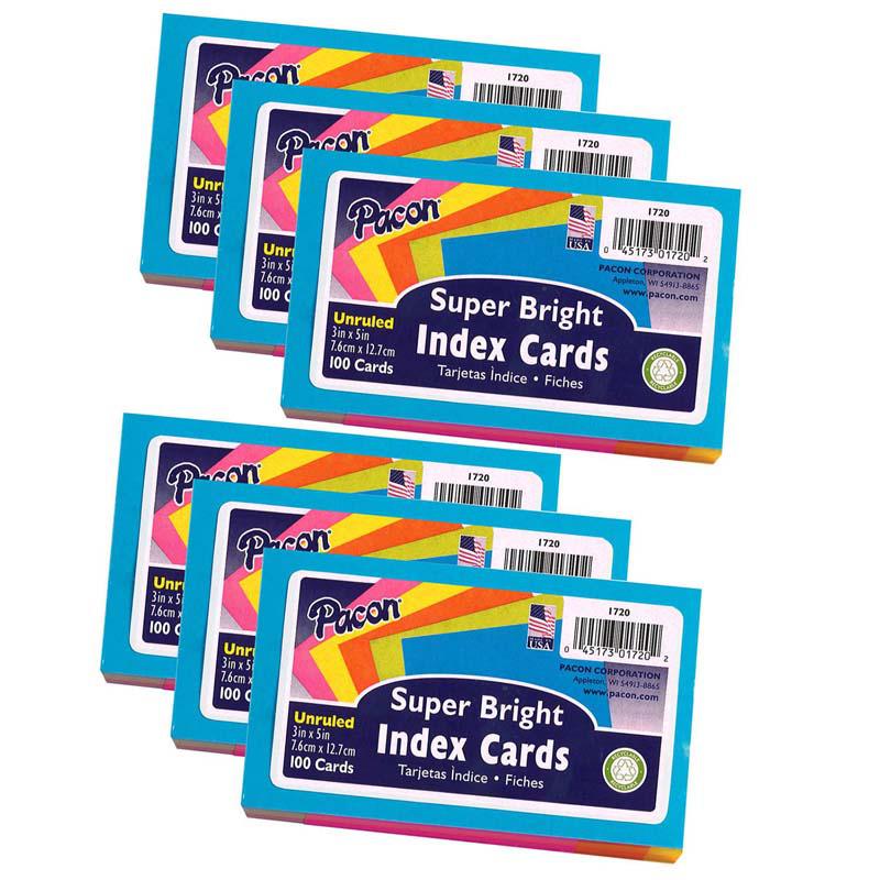 Index Cards, 5 Super Bright Unruled, 3" x 5", 100 Cards Per Pack, 6 Packs