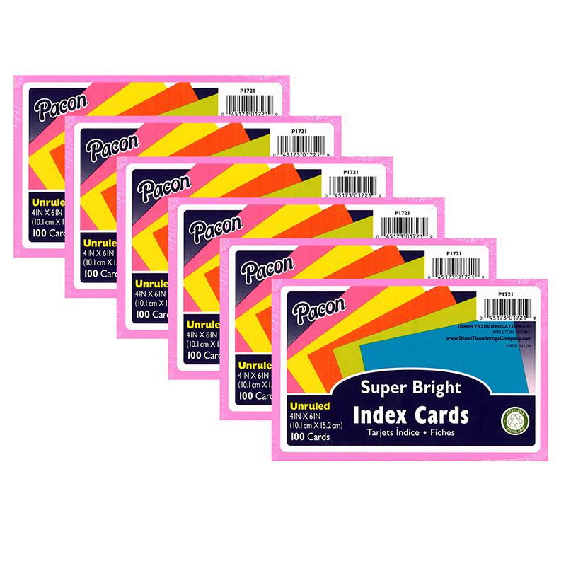 Index Cards, 5 Super Bright Unruled, 4" x 6", 100 Cards Per Pack, 6 Packs