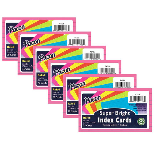 Index Cards, 5 Super Bright 0.25" Ruled, 3" x 5", 75 Cards Per Pack, 6 Packs