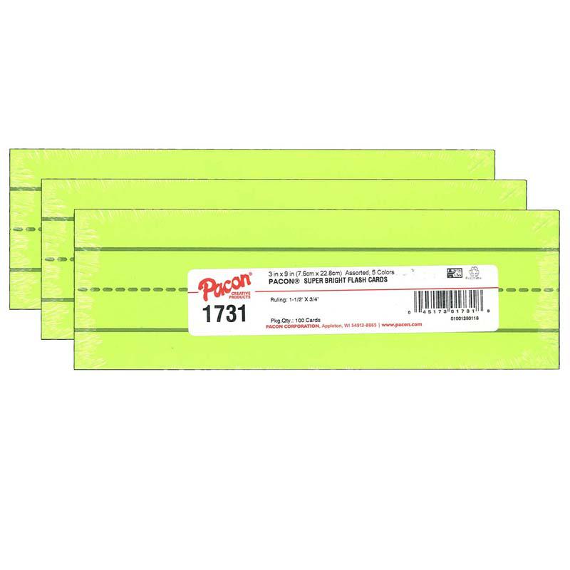 Super Bright Flash Cards, Ruled 3" x 9", 100 Cards Per Pack, 3 Packs