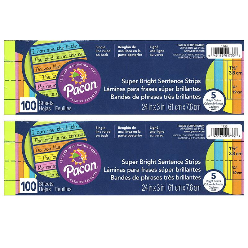 Sentence Strips, Assorted 5 Colors, Ruled 3" x 24", 100 Strips Per Pack, 2 Packs