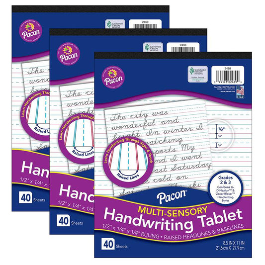 Multi-Sensory Raised Ruled Tablet, Tape-Bound Tablet, 40 Sheets, Pack of 3