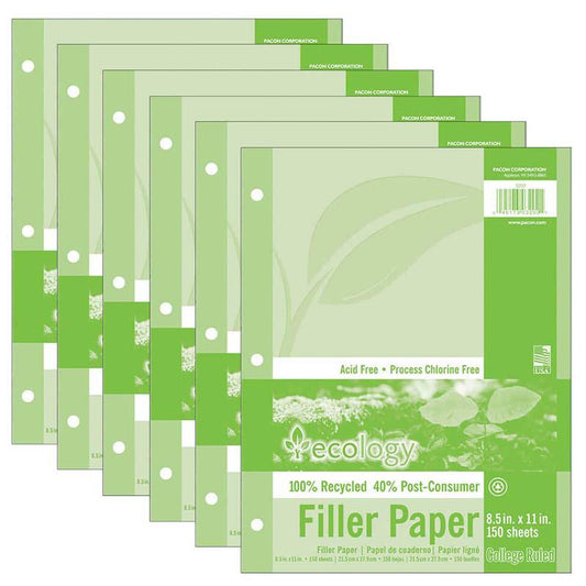 Recycled Filler Paper, 3-Hole Punched, 9/32" Ruled, 150 Sheets Per Pack, 6 Packs