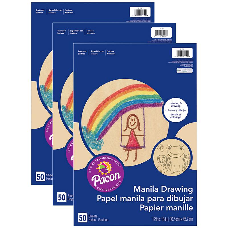 Drawing Paper, Manila, Standard Weight, 12" x 18", 50 Sheets Per Pack, 3 Packs