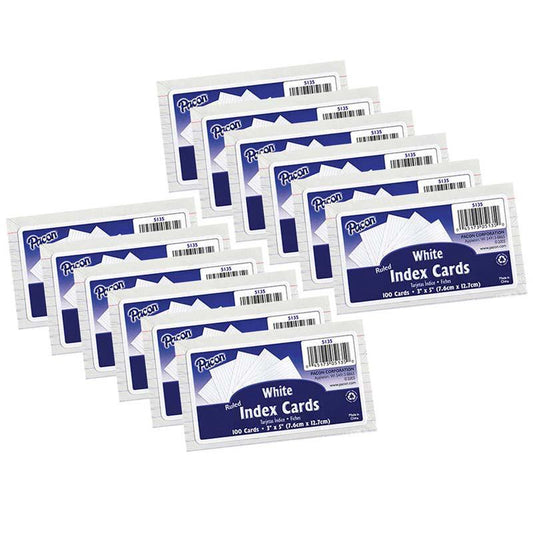 Index Cards, White, Ruled, 1/4" Ruled 3" x 5", 100 Per Pack, 12 Packs