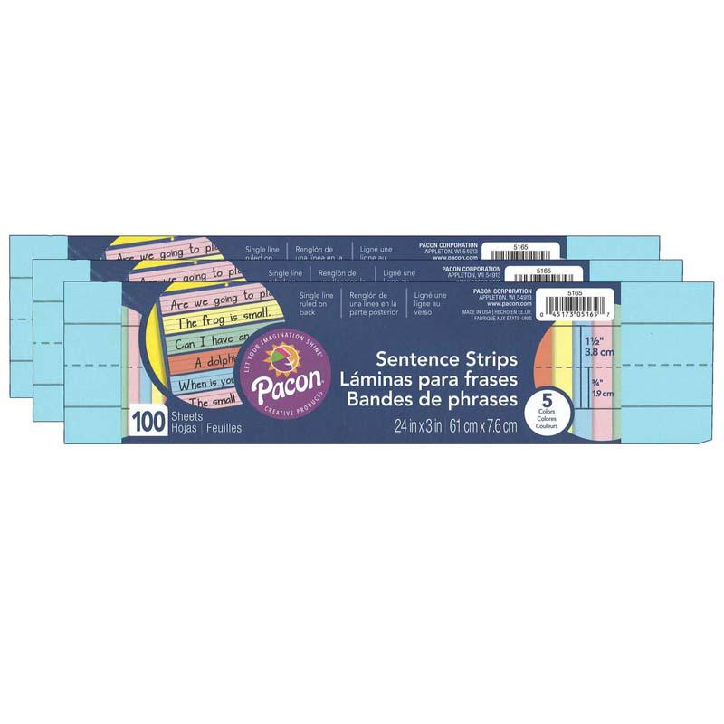 Sentence Strips, 5 1-1/2" Ruled, 3" x 24", 100 Strips Per Pack, 3 Packs