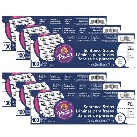 Sentence Strips, White, 1-1/2" Ruled, 3" x 24", 100 Strips Per Pack, 6 Packs