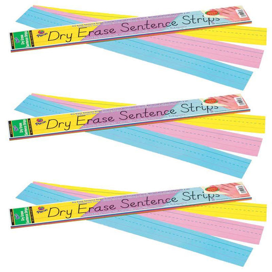 Dry Erase Sentence Strips, 3 1-1/2" X 3/4" Ruled, 3" x 24", 30 Per Pack, 3 Packs